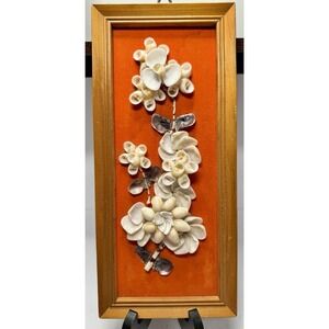 VTG Kitschy Sea Shell Floral Wall Art Wood Frame Orange 1960s Boho Hippie Decor
